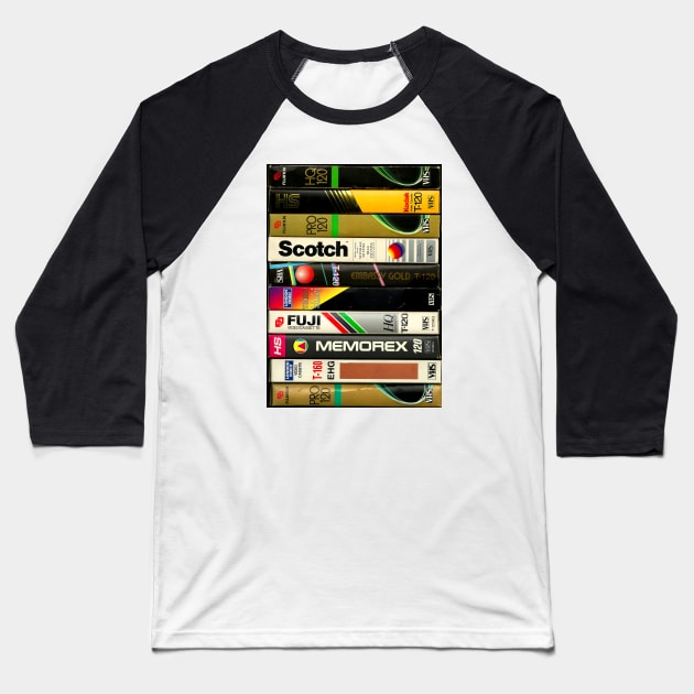 90s Retro VHS Stack Baseball T-Shirt by ShinyPlasticRainbow